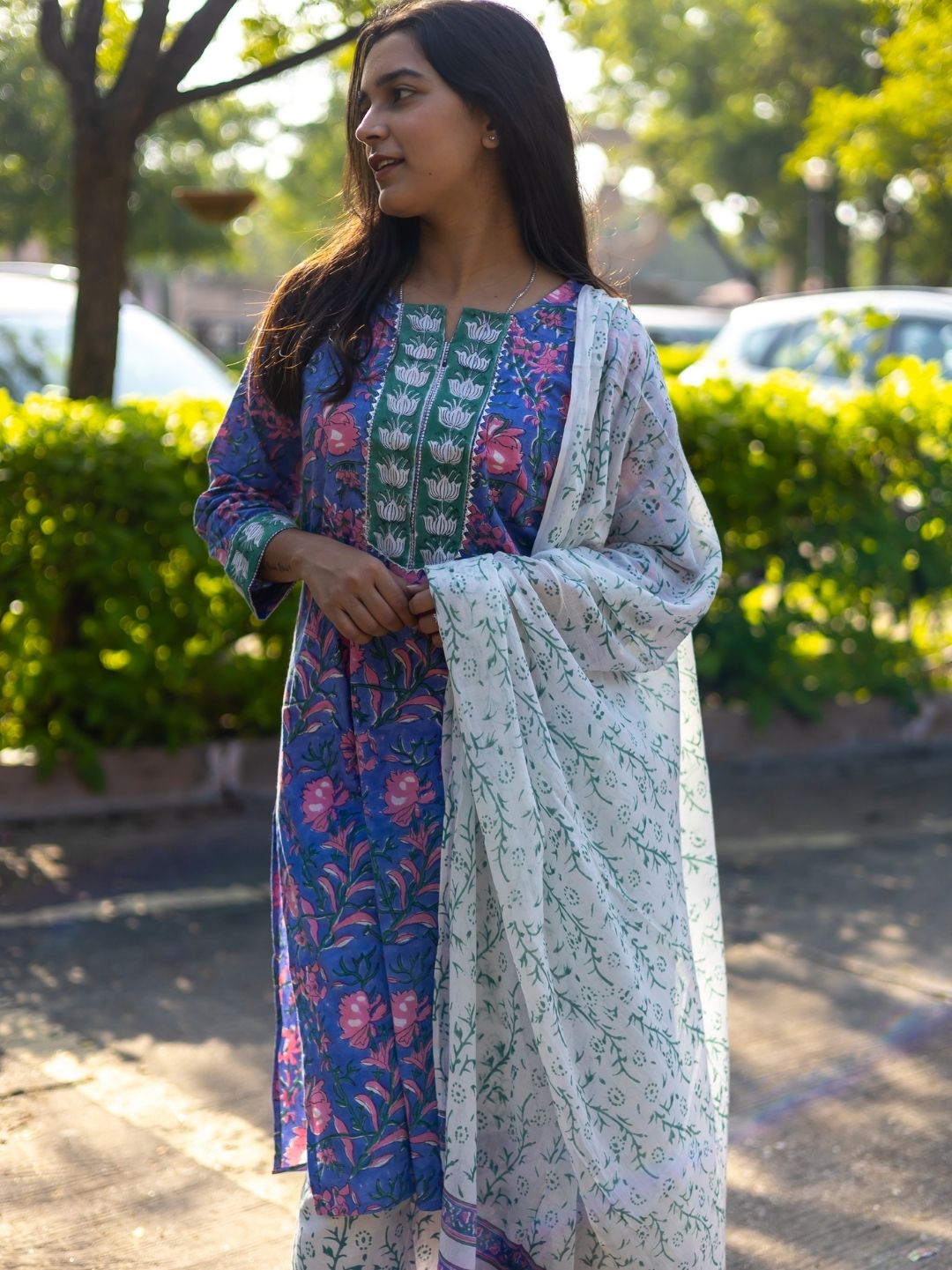 Purple Block Printed Cotton Suit with Mulmul Dupatta