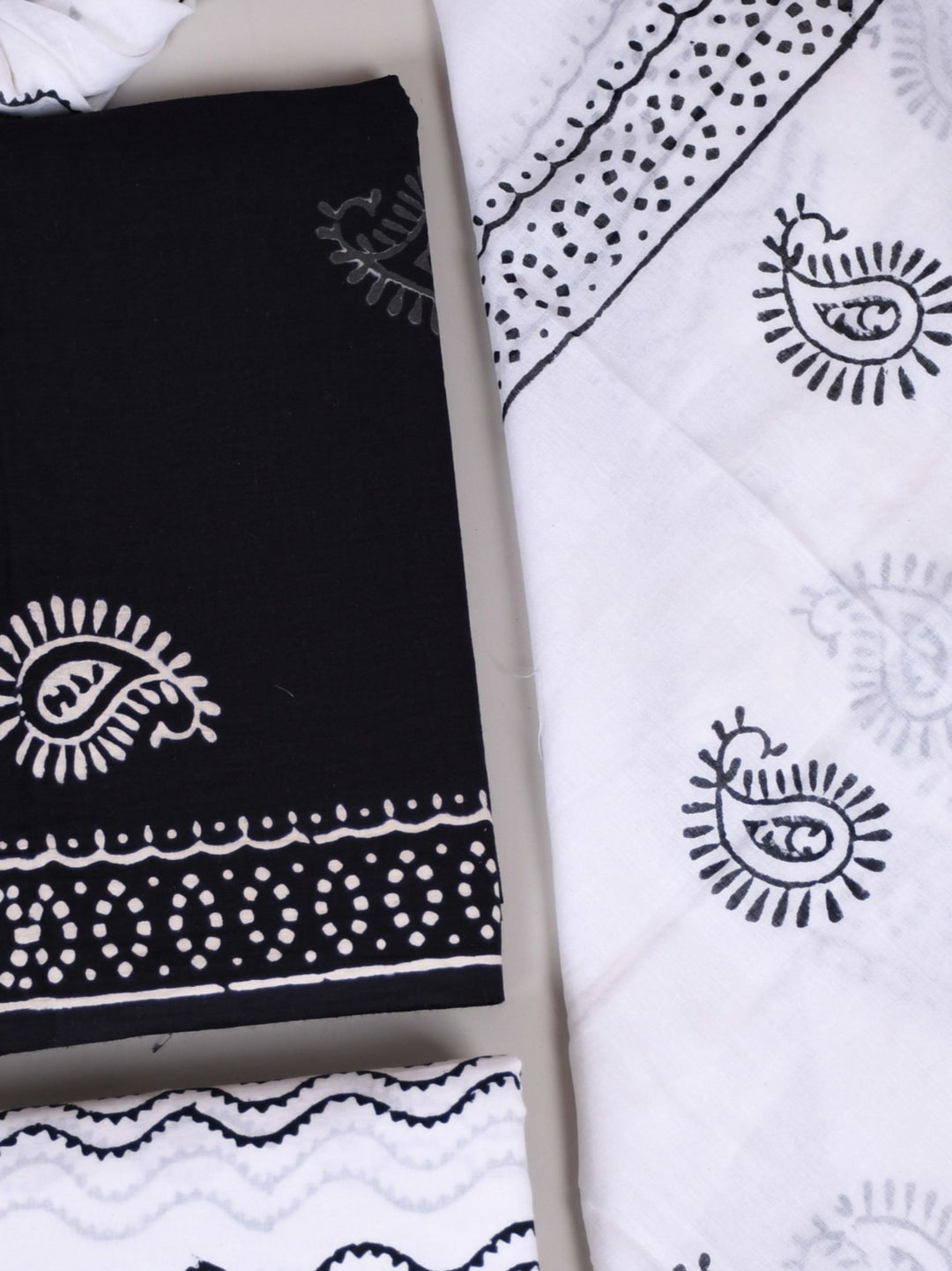Black in White Print Cotton Suit With Soft Mul Cotton Dupatta