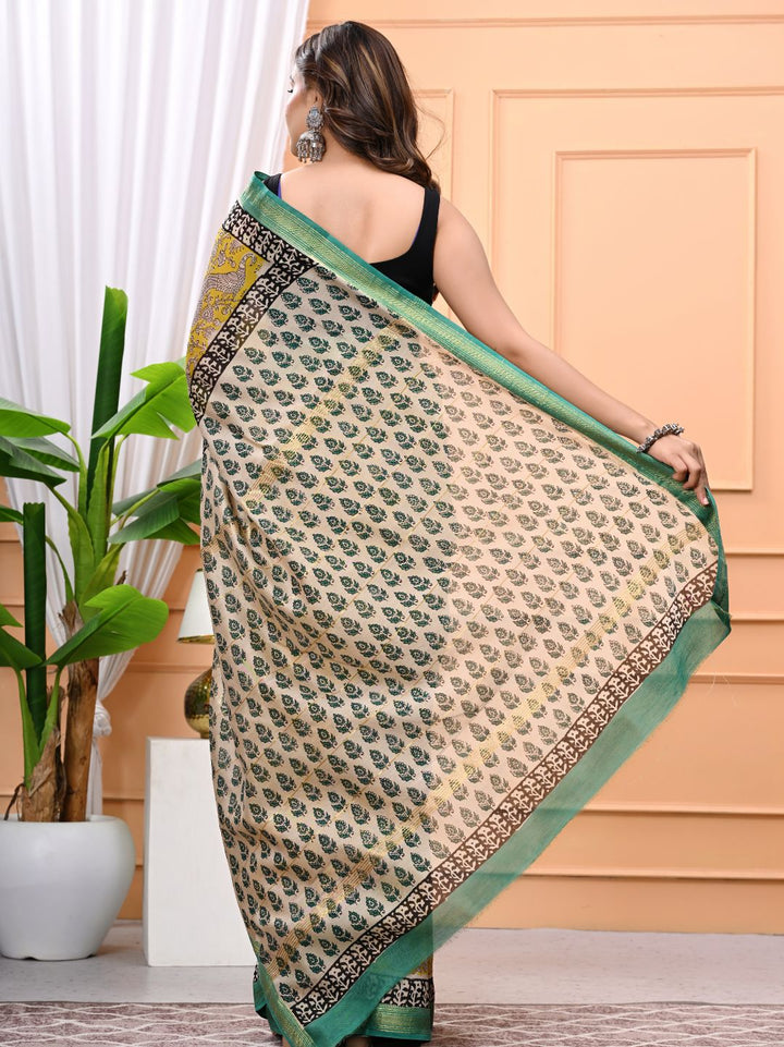 Yellow Green Bagru Block Printed Maheshwari Silk Saree