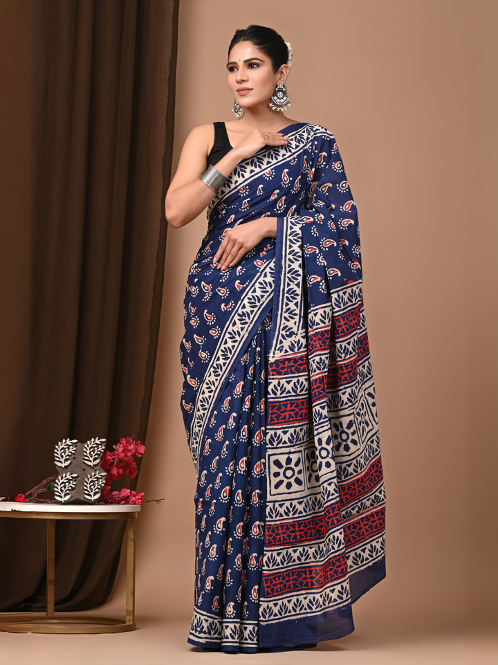 Navy Blue Handblock Printed Mulmul Cotton Saree