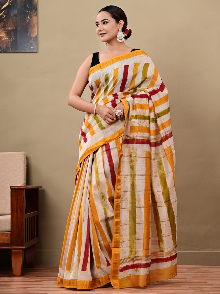 Yellow Batik Maheswari Silk Saree