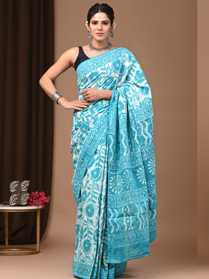Dabu Handblock Printed C Green Dyed Mulmul Cotton Saree