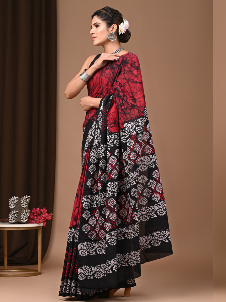 Red & Black Batik Print Mulmul Cotton Saree – Handblock Bagru Print