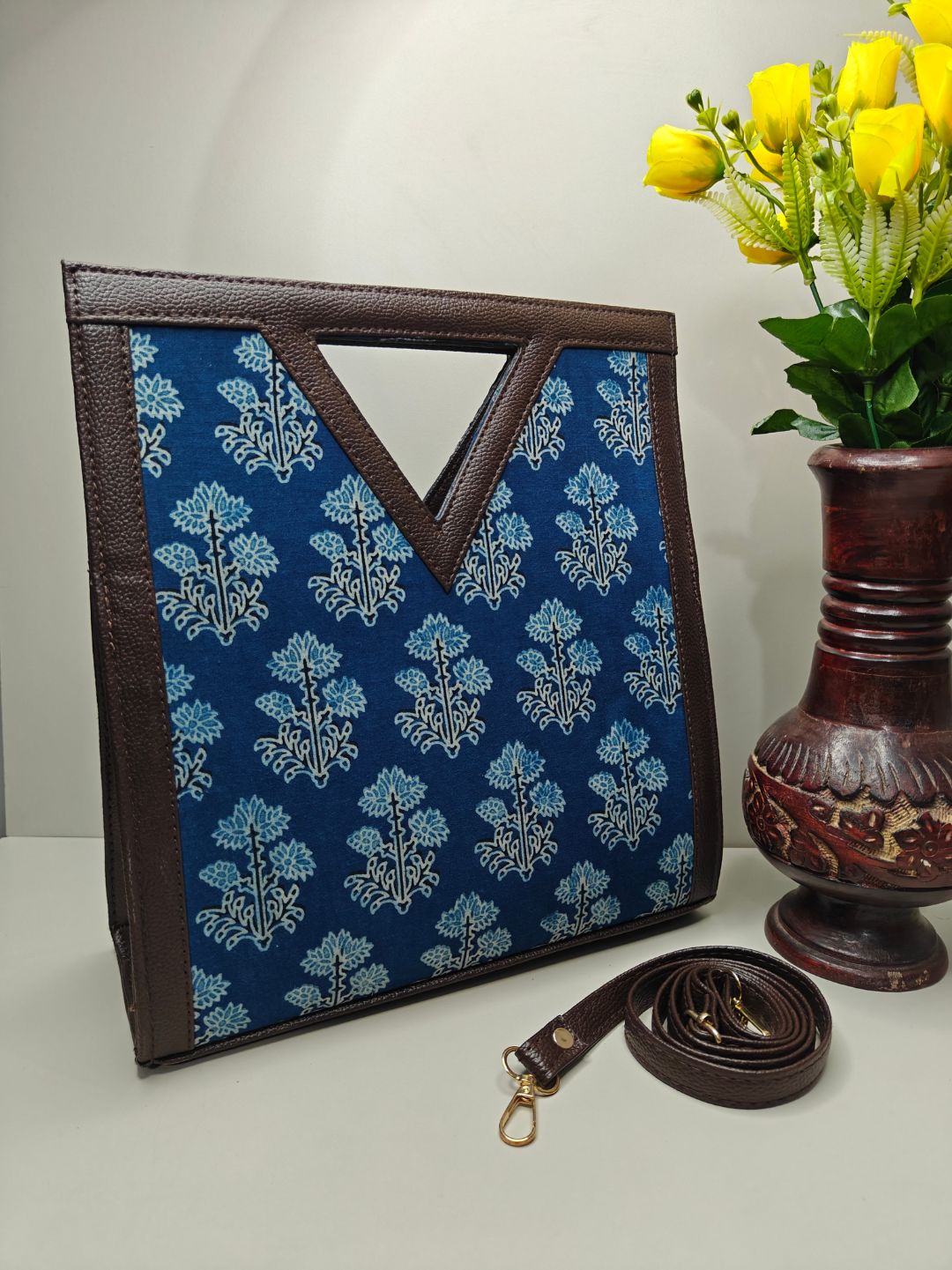 Indigo Butti DesignCotton Fabric Kit-Kat (V Cut) Hand Bag