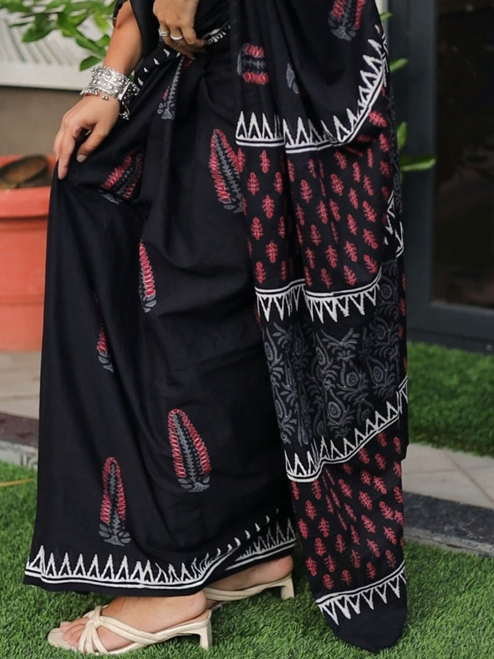 Black in White Premium HandBlock Pure Mul Cotton Saree