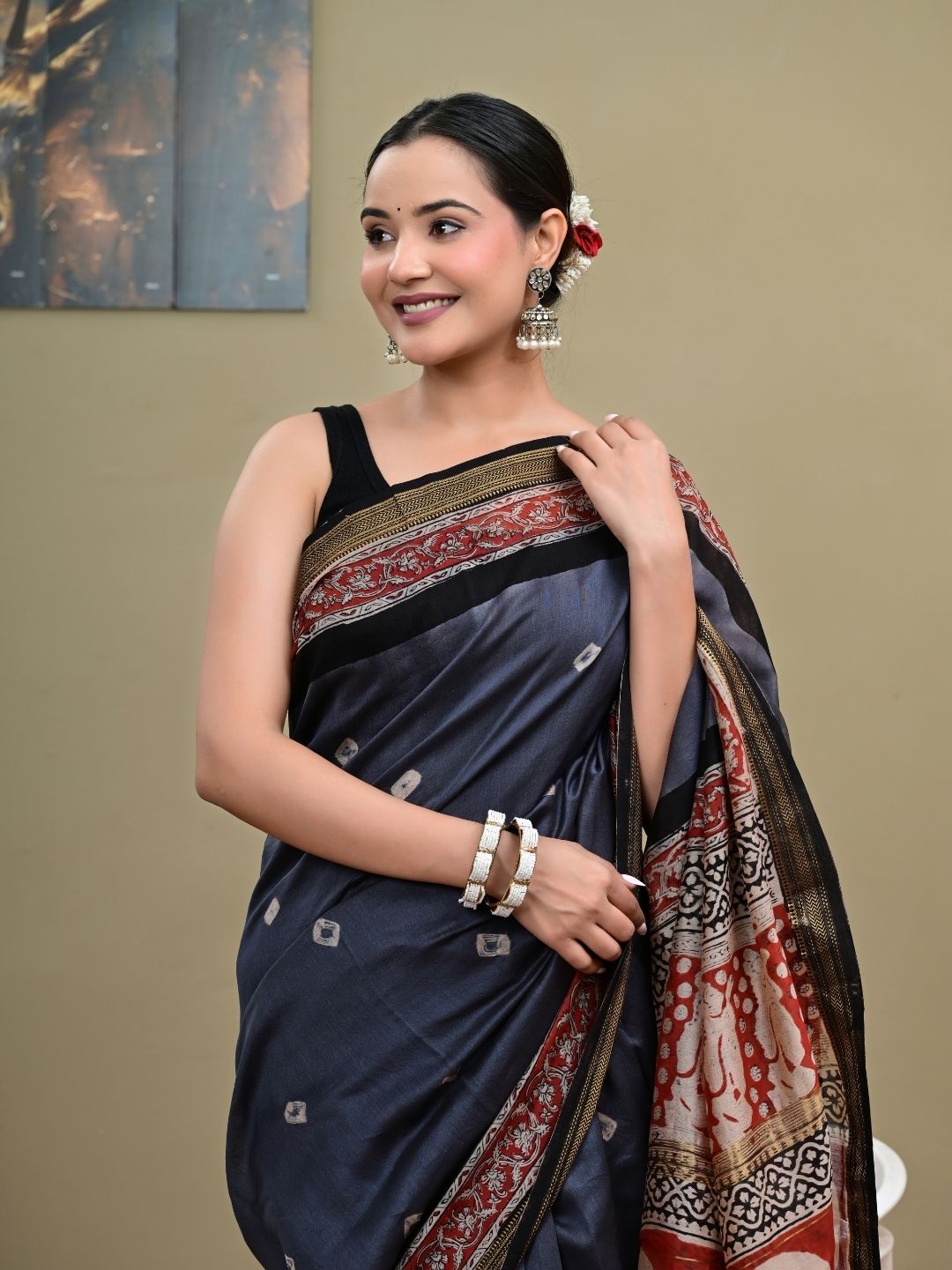 Bagru print With Bandhej pattern HandBlock Pure Maheshwari Silk Saree