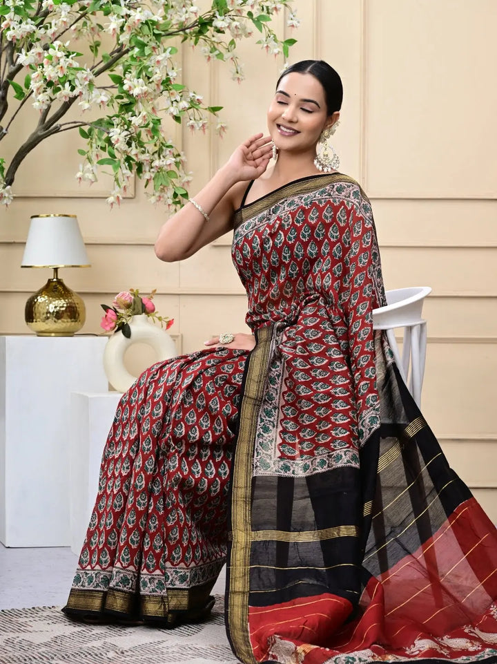 Bagru Handblock Printed Maheshwari Silk Sarees