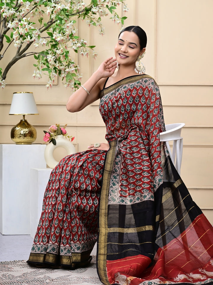 Bagru Handblock Printed Maheshwari Silk Sarees