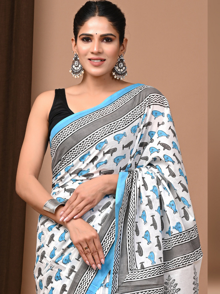 White Base Bagru Print Handblock Printed Mulmul Cotton Saree