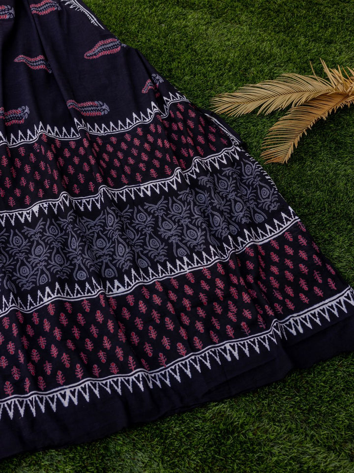 Black in White Premium HandBlock Pure Mul Cotton Saree