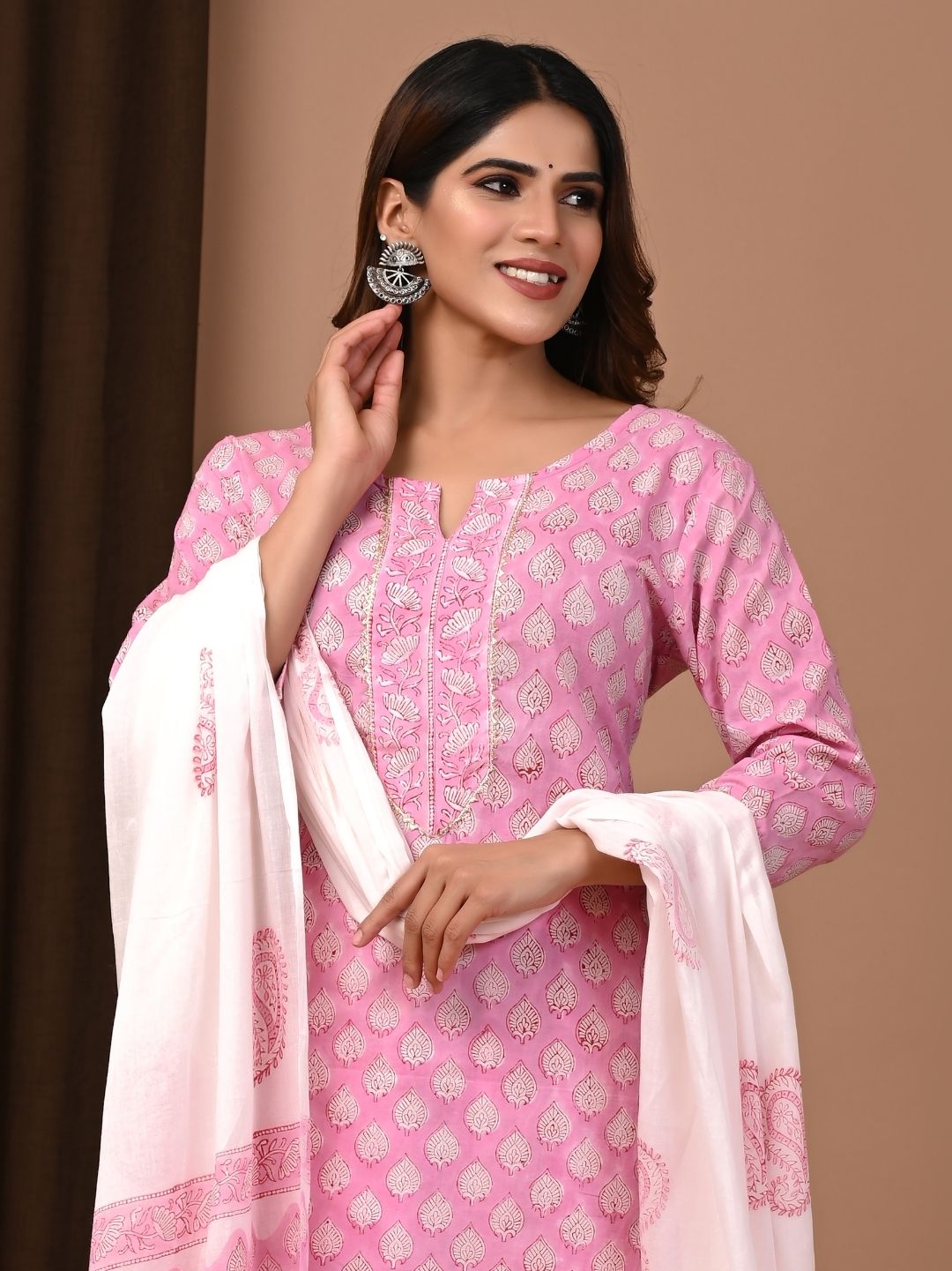 Pink Traditional Butti Hand Block Printed Cotton Suit