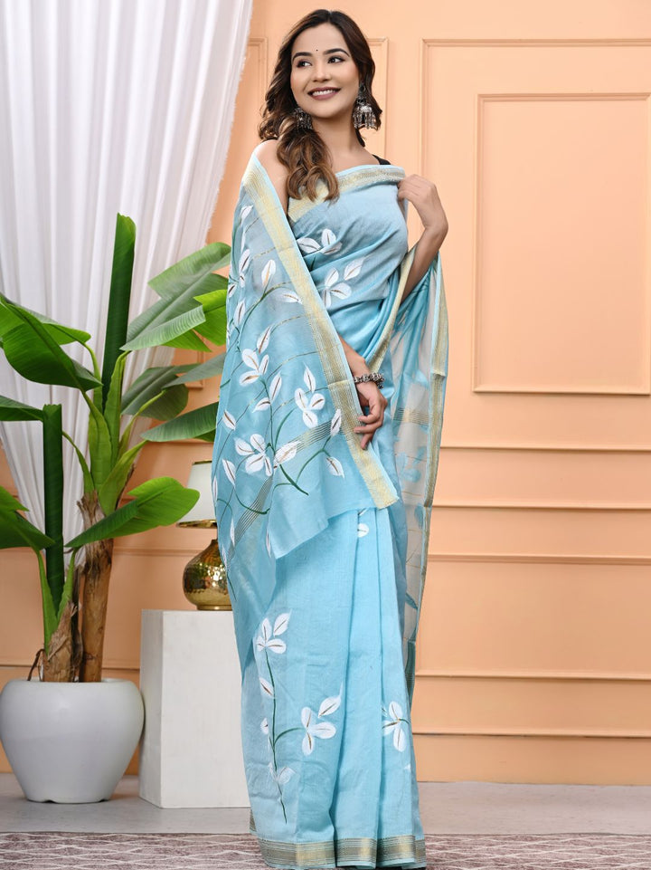 Sky Blue Hand Brush Painted Maheshwari Silk Saree