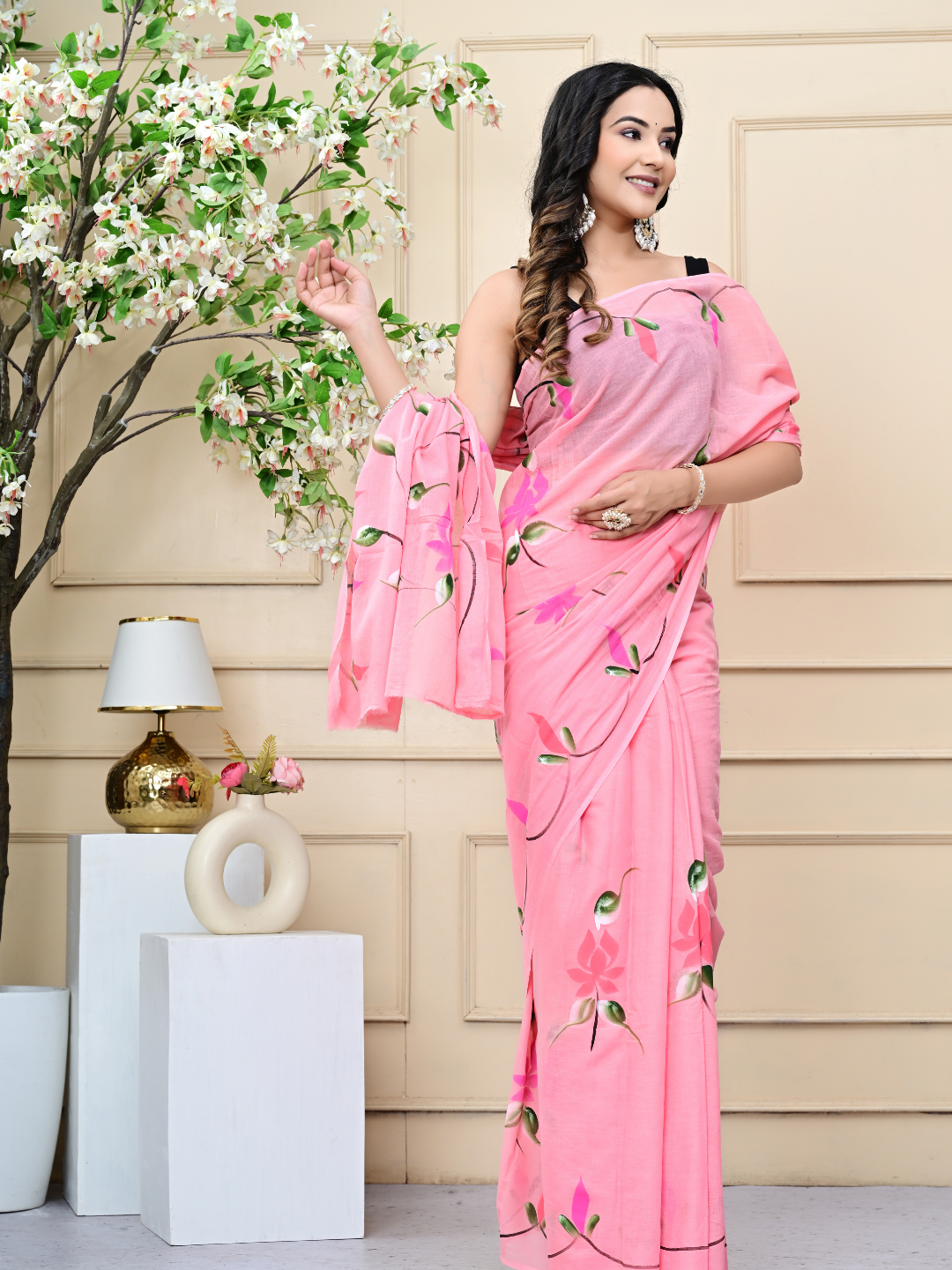 Pink Mulmul Cotton Saree