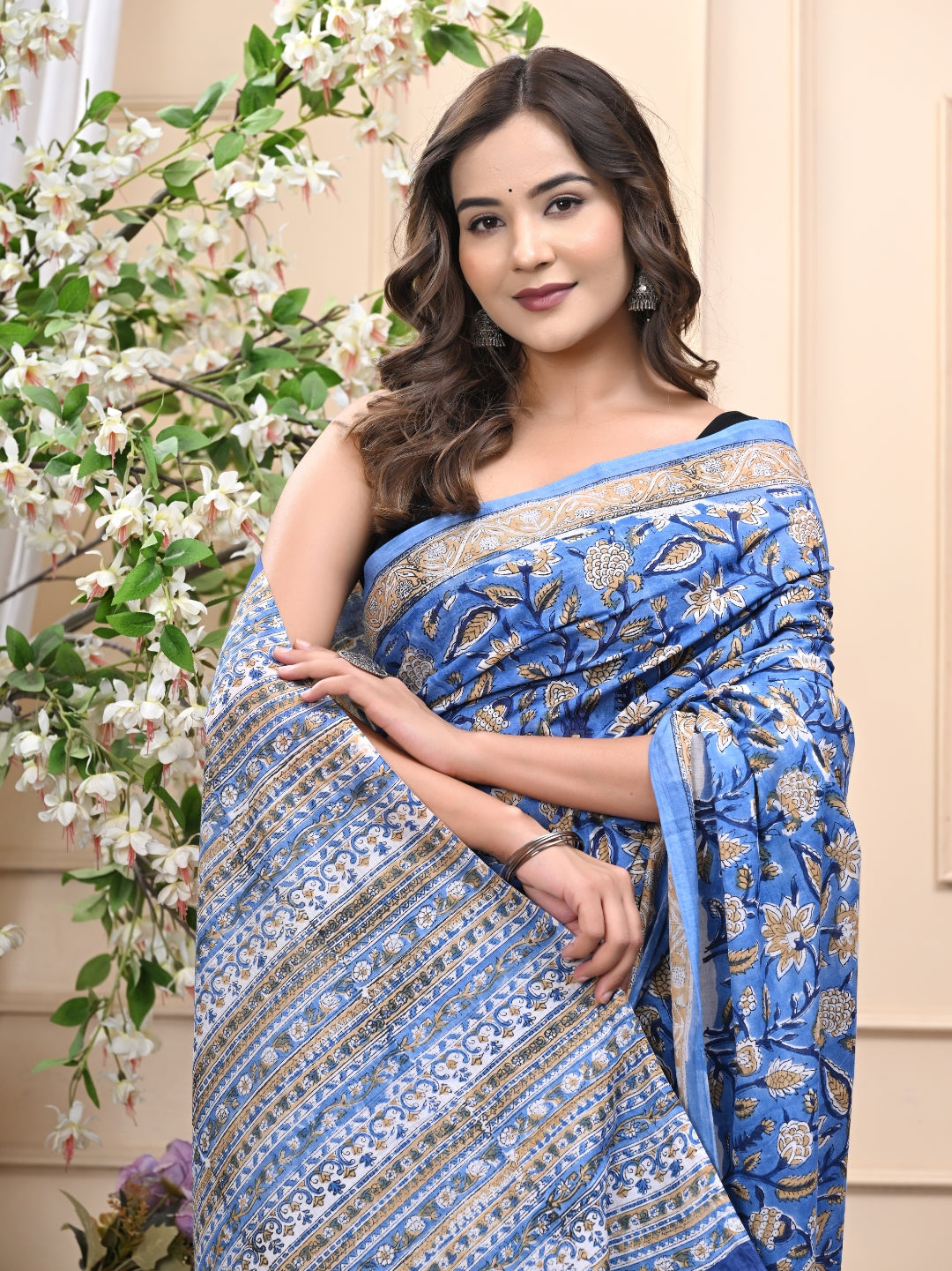 Blue Traditional Jaal Handblock Printed Mulmul Cotton Saree