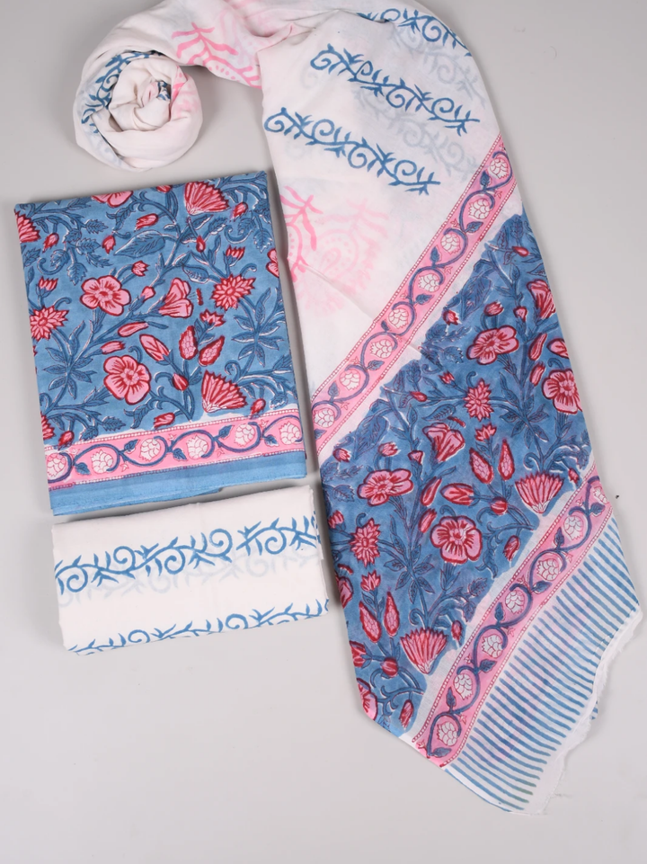 Blue Floral Printed Cotton Suit with Soft Mulmul Dupatta