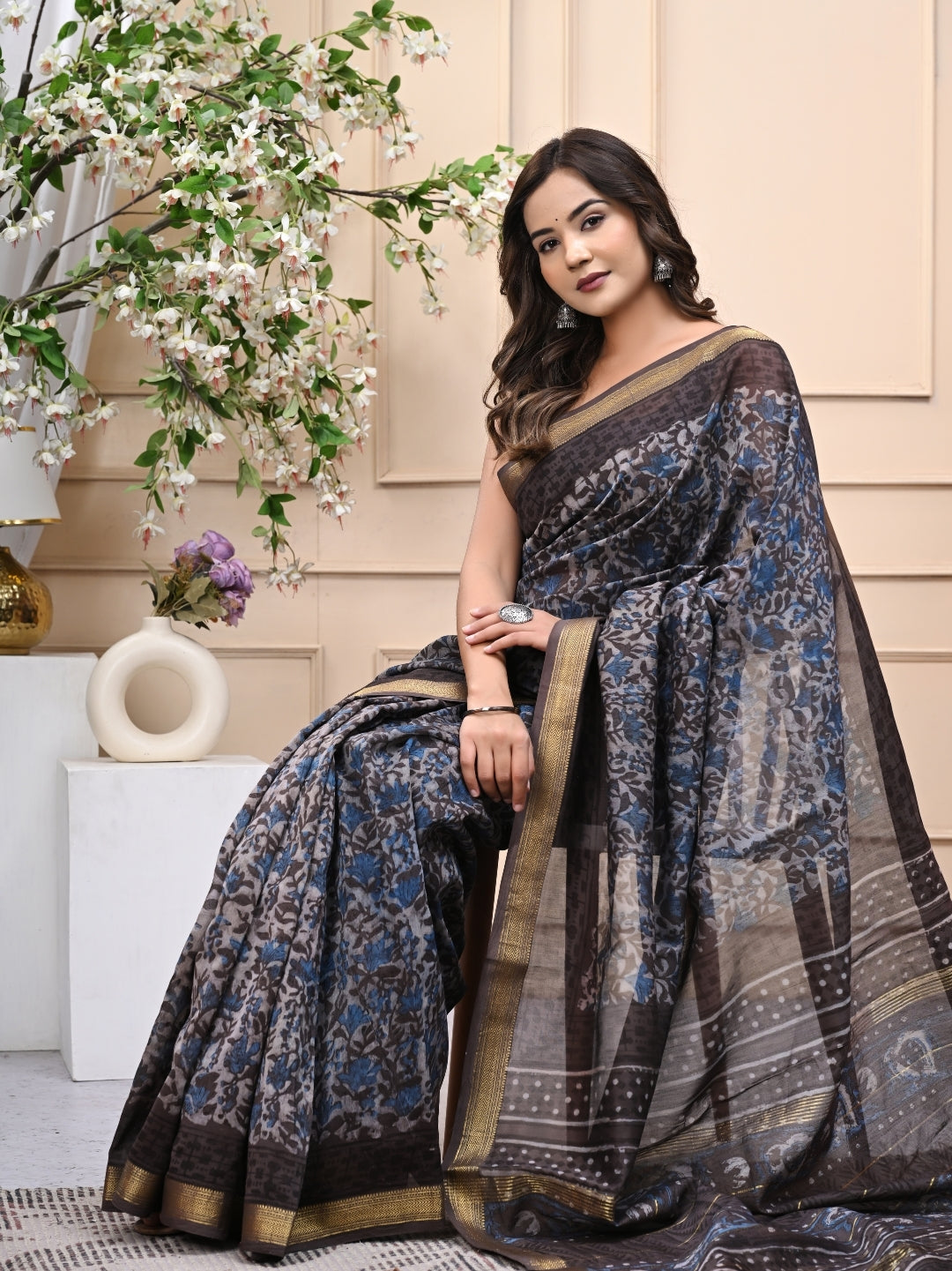 Elegant Vanaspati Ajrakh Maheshwari Silk Saree with Blouse