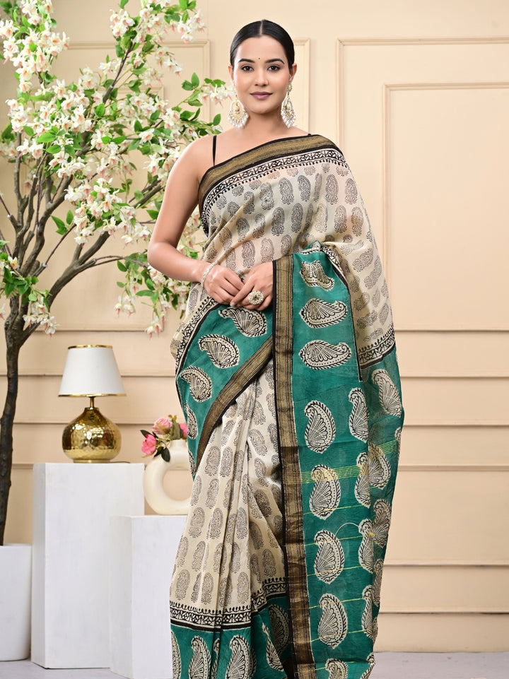 Coffee Based Bagru Print Maheshwari Silk Sarees