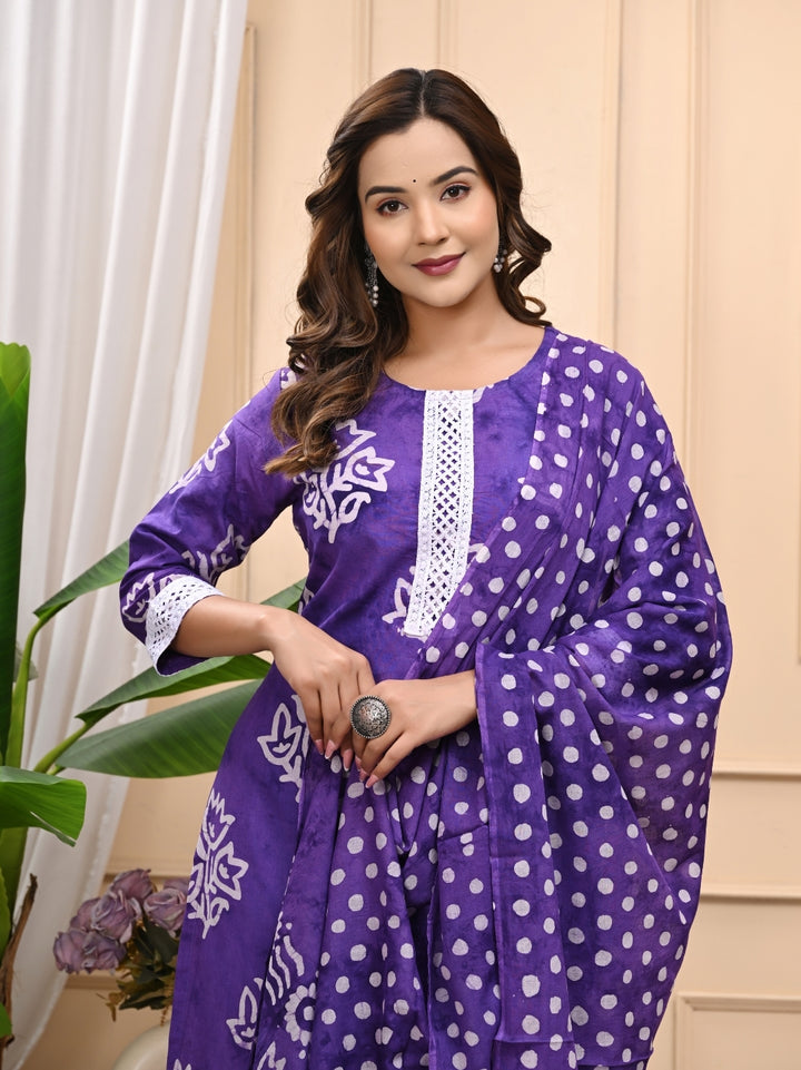 Purple Batik Printed Cotton Stitched Suit
