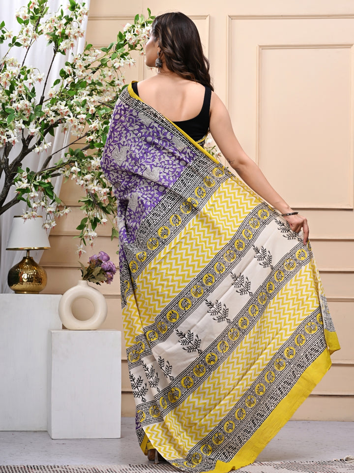 Purple Yellow Bagru Handblock Printed Mulmul Cotton Saree with Blouse