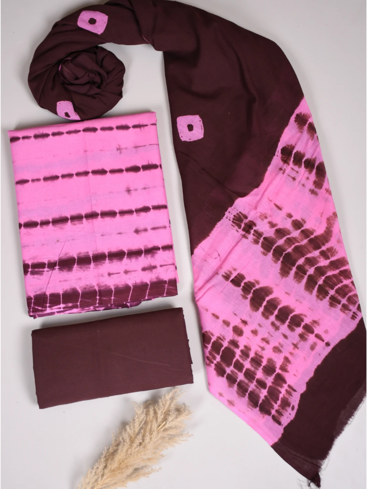 High-Demand Shibori Pattern Cotton Suit with Mulmul Dupatta