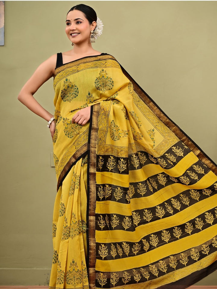 Premium Yellow Bagh Print HandBlock Pure Maheshwari Silk Saree