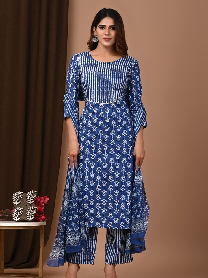 Blue Elegance Exclusive Handblock Printed Cotton Suit Set