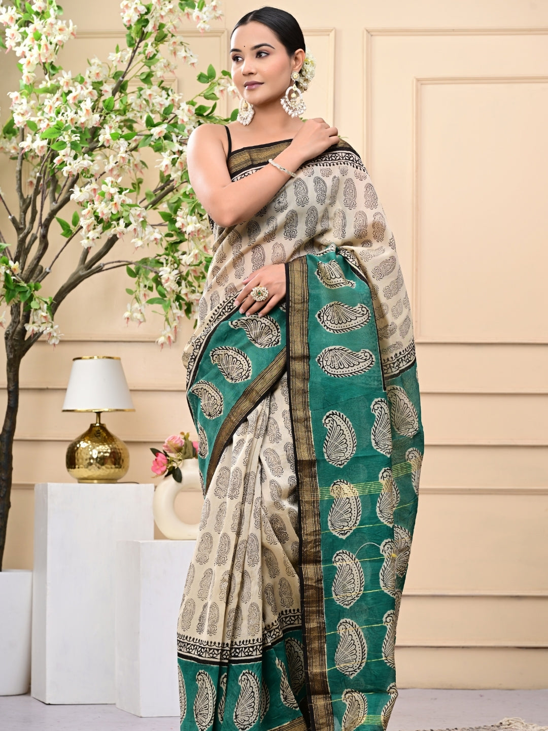 Coffee Based Bagru Print Maheshwari Silk Sarees