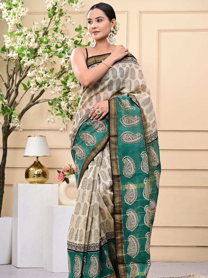 Coffee Based Bagru Print Maheshwari Silk Sarees