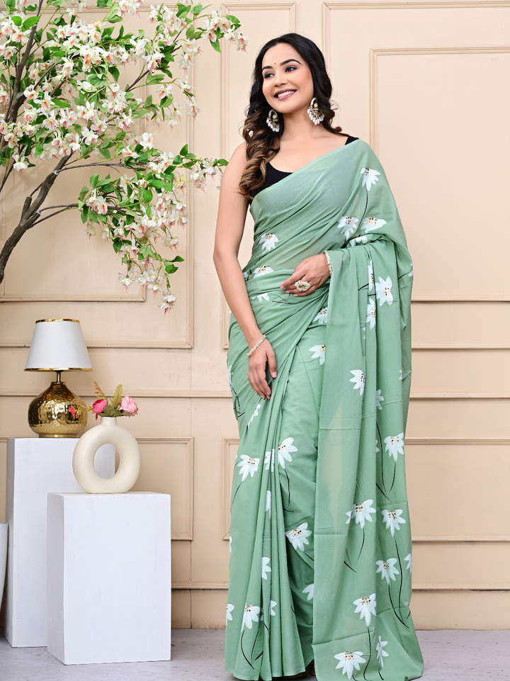 Summer Green Mulmul Cotton Saree – Brush Print
