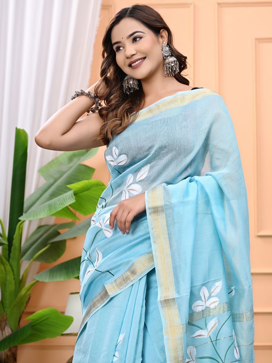 Sky Blue Hand Brush Painted Maheshwari Silk Saree