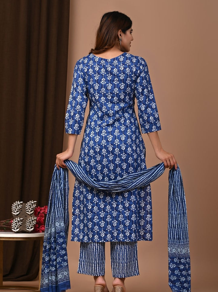 Blue Elegance Exclusive Handblock Printed Cotton Suit Set