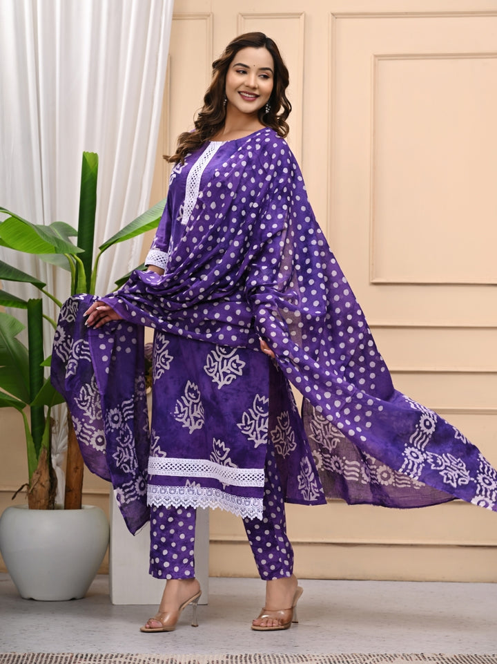 Purple Batik Printed Cotton Stitched Suit