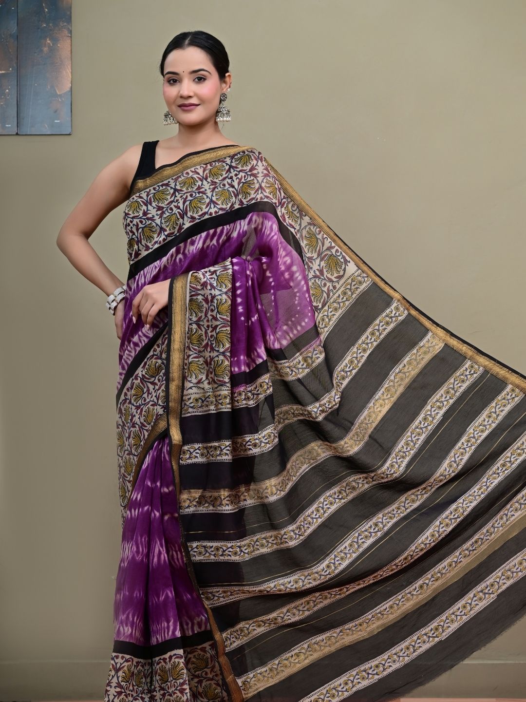 Exclusive Bagru Shibori HandBlock Pure Maheshwari Silk Saree