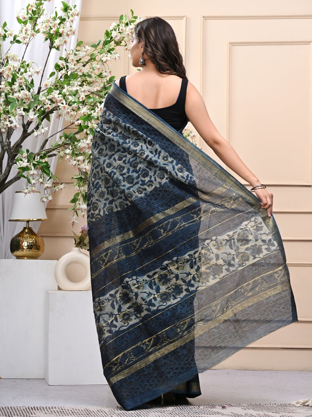 Timeless Vanaspati Ajrakh Indigo Dye Maheshwari Silk Saree with Blouse