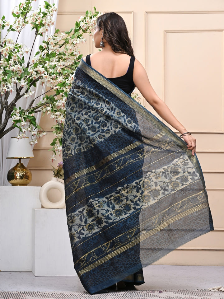 Timeless Vanaspati Ajrakh Indigo Dye Maheshwari Silk Saree with Blouse