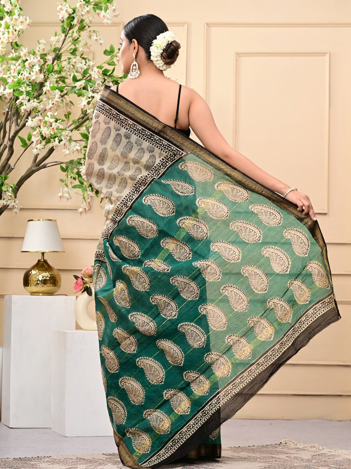 Coffee Based Bagru Print Maheshwari Silk Sarees