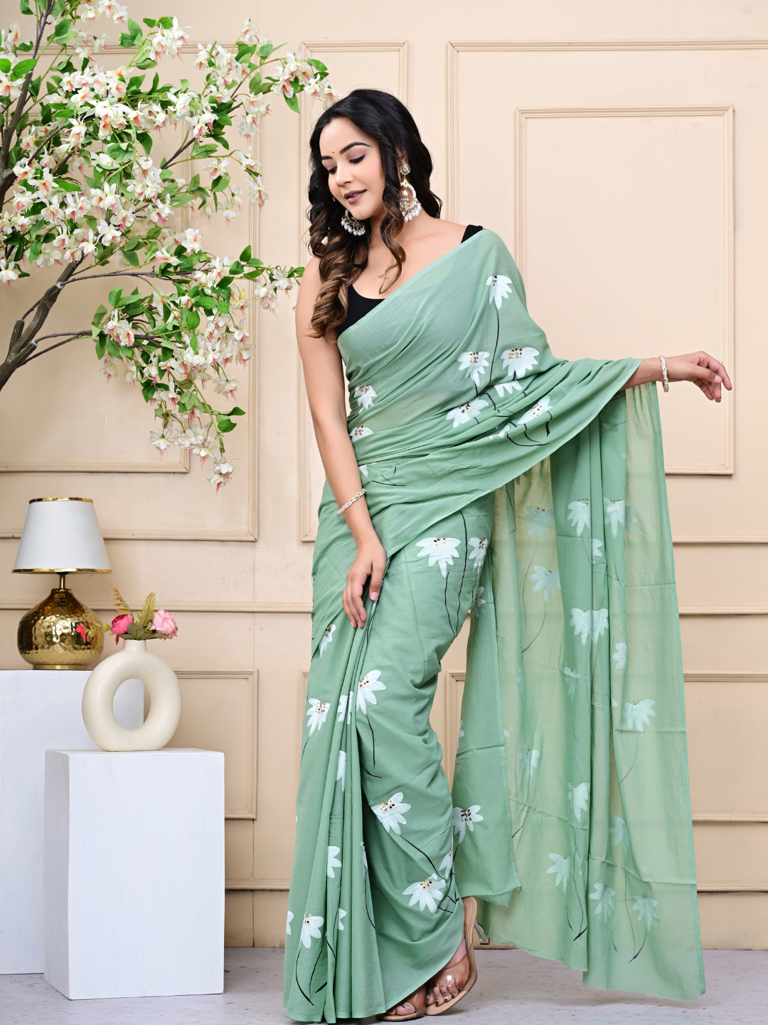 Summer Green Mulmul Cotton Saree – Brush Print
