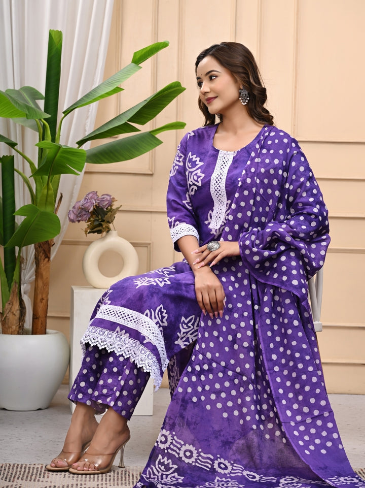Purple Batik Printed Cotton Stitched Suit
