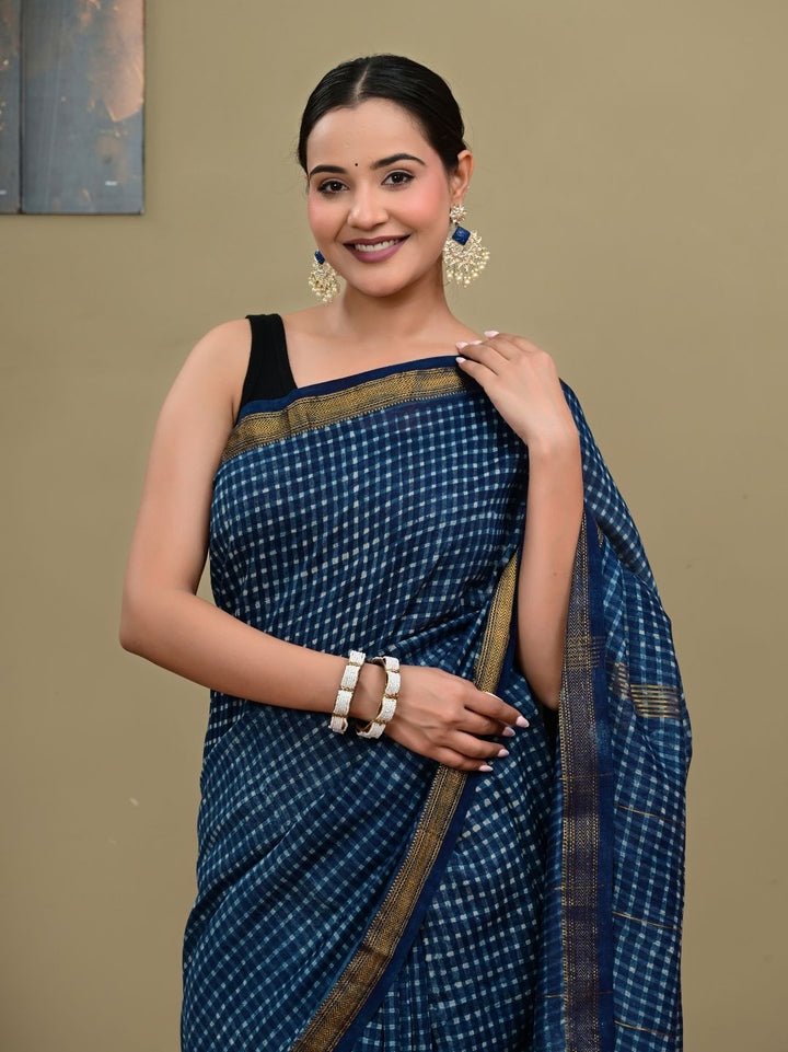 Indigo Check Box Design HandBlock Pure Maheshwari Silk Saree