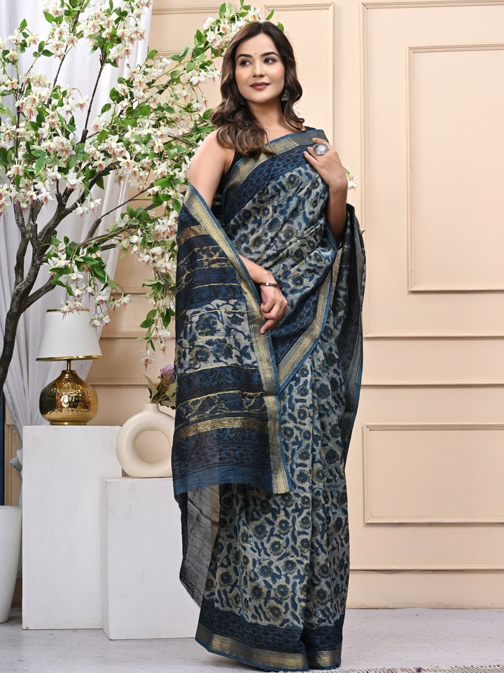 Timeless Vanaspati Ajrakh Indigo Dye Maheshwari Silk Saree with Blouse