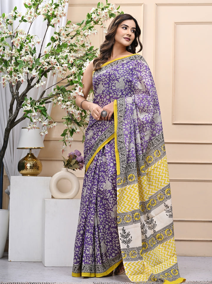 Purple Yellow Bagru Handblock Printed Mulmul Cotton Saree with Blouse