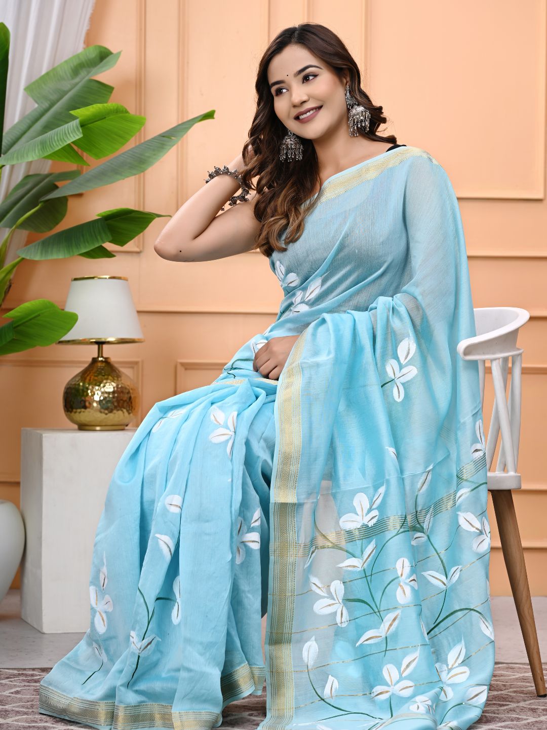 Sky Blue Hand Brush Painted Maheshwari Silk Saree