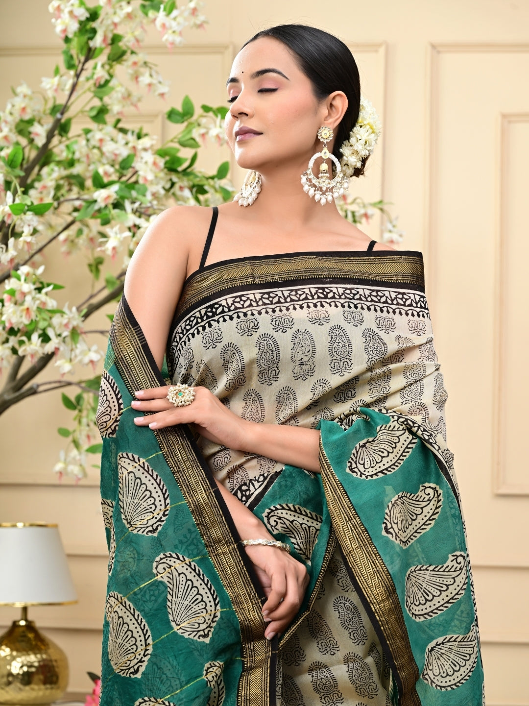 Coffee Based Bagru Print Maheshwari Silk Sarees