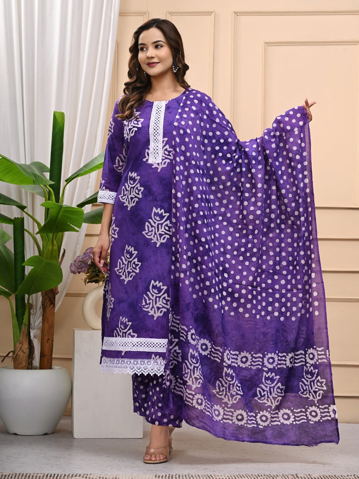 Purple Batik Printed Cotton Stitched Suit