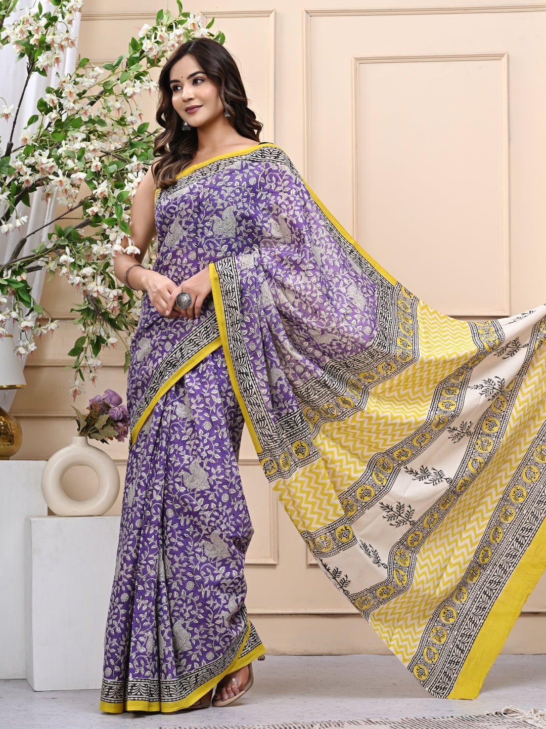 Purple Yellow Bagru Handblock Printed Mulmul Cotton Saree with Blouse