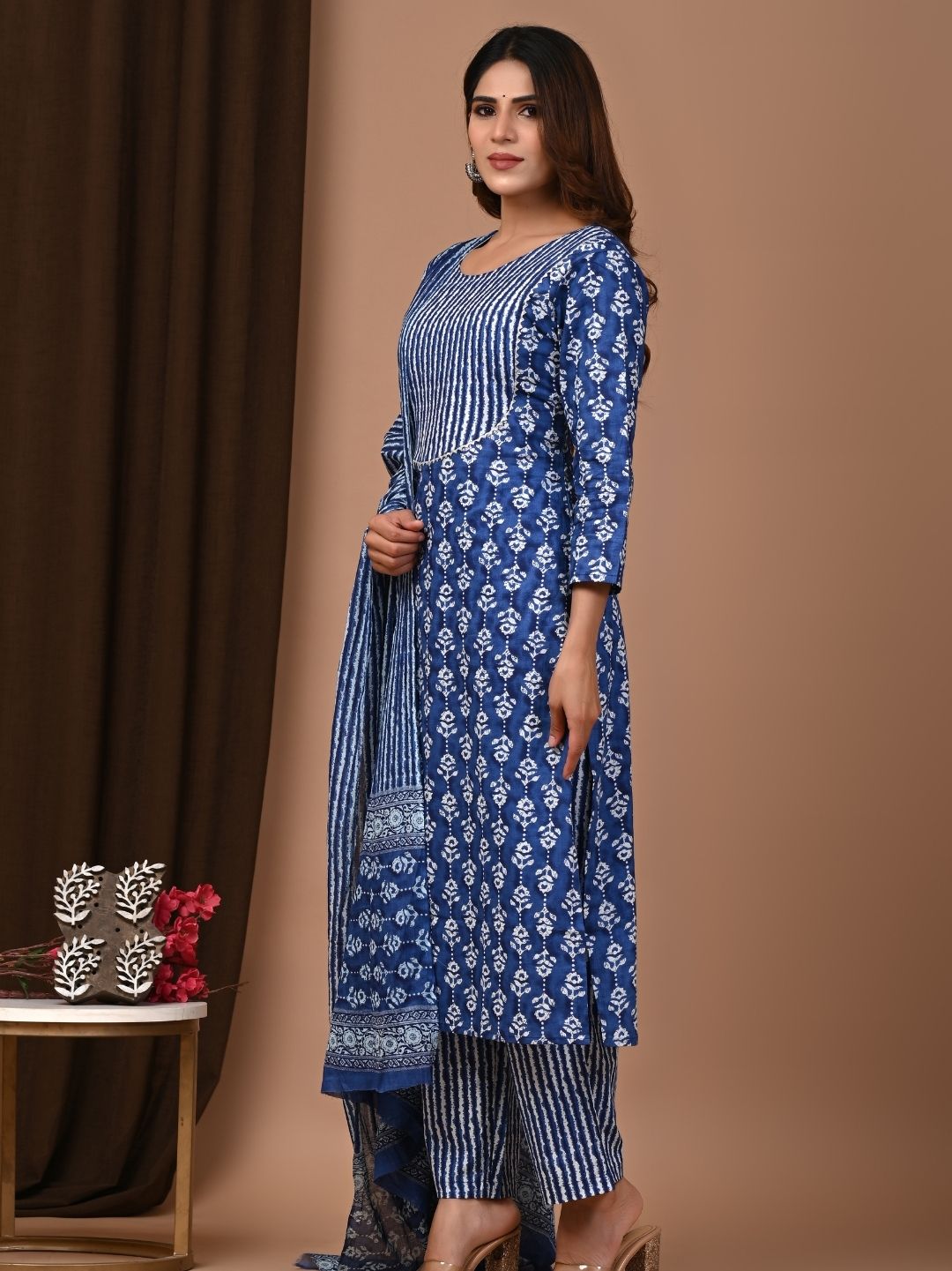 Blue Elegance Exclusive Handblock Printed Cotton Suit Set