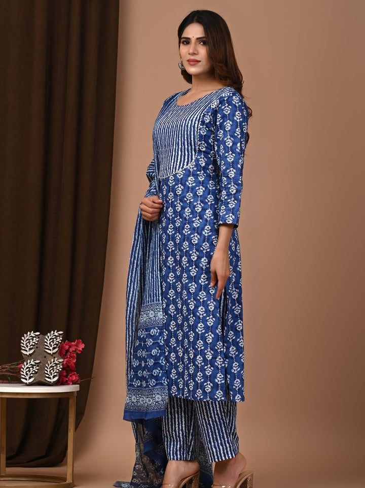 Blue Elegance Exclusive Handblock Printed Cotton Suit Set