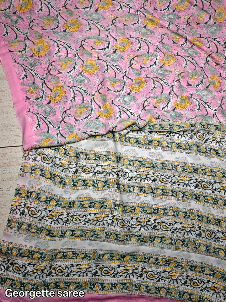 Timeless Pink Repid Jaal Print HandBlock Pure Super Georgette Saree