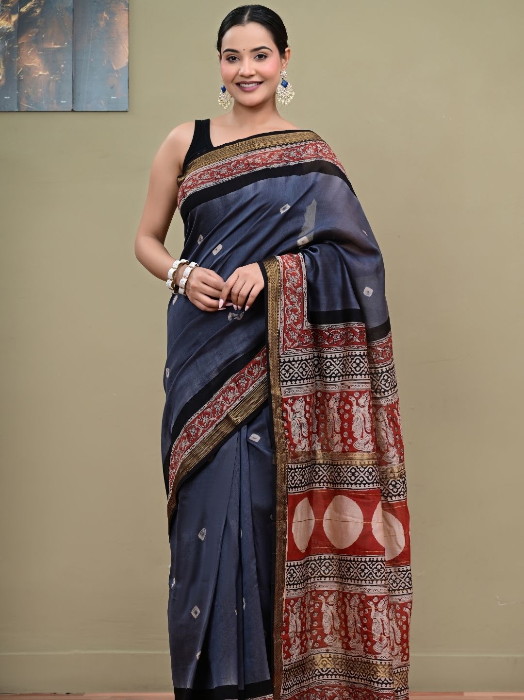 Bagru print With Bandhej pattern HandBlock Pure Maheshwari Silk Saree