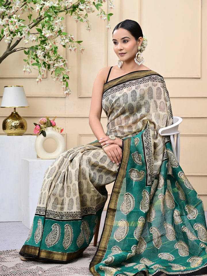 Coffee Based Bagru Print Maheshwari Silk Sarees